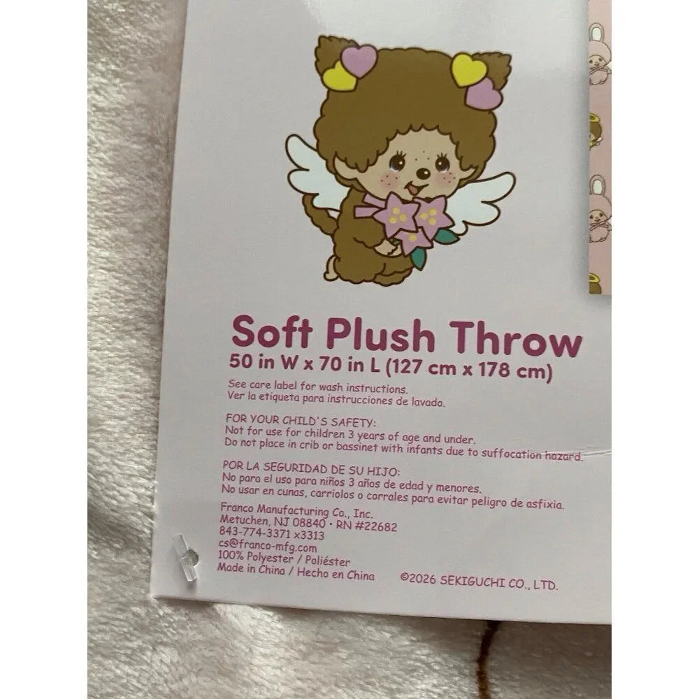 Monchhichi Love Happy Angel Pink Soft‎ Plush Throw Blanket 50”x70” VIRAL NEW